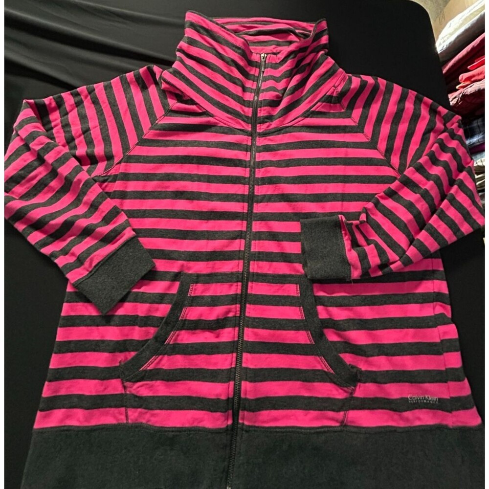Calvin Klein Performance Jacket 2X Pink Gray Stripe Quick Dry Cotton Zip NWOT